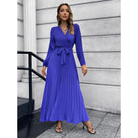 Vestido largo casual con cuello en V Murder de pliegues y encaje para damas 2025 - details 11