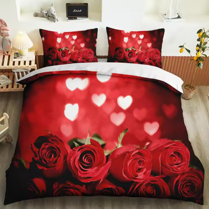 Juego de Cubierta de Edredón de Rosa Roja 3PCS Microfibra Ideal para Día de San Valentín, Día de la Madre, Boda - 1