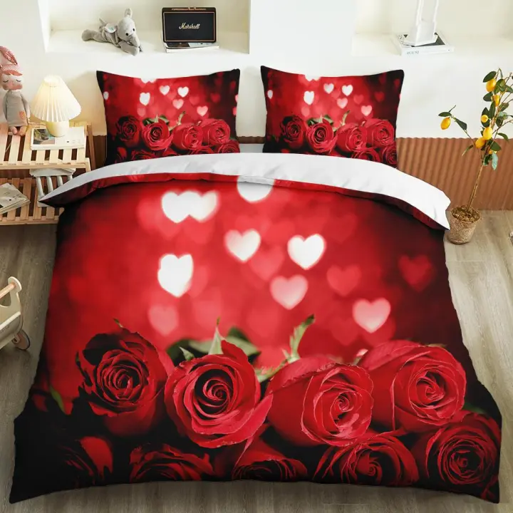 Juego de Cubierta de Edredón de Rosa Roja 3PCS Microfibra Ideal para Día de San Valentín, Día de la Madre, Boda - 1