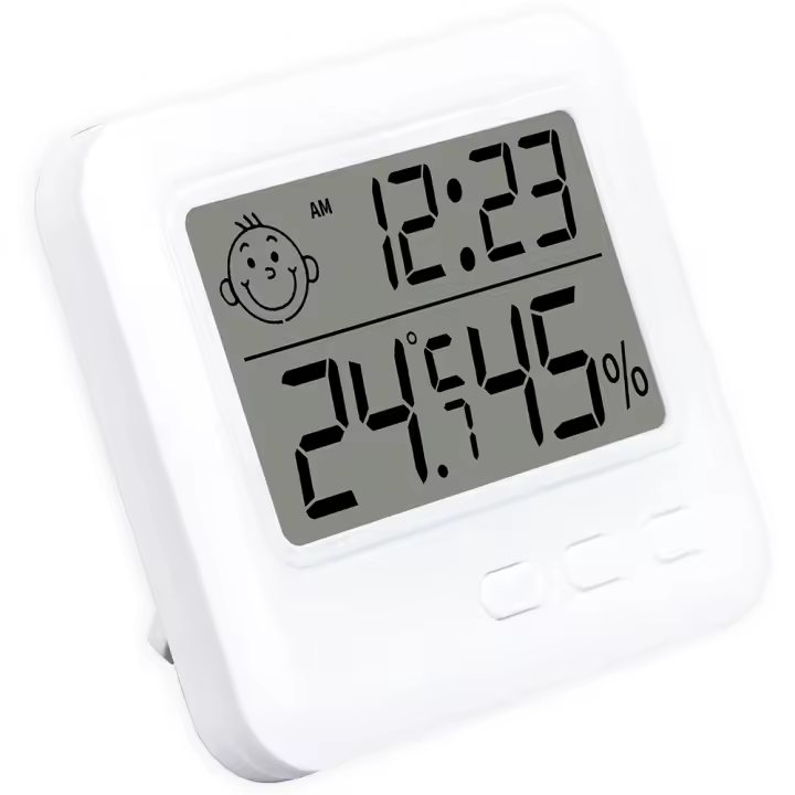 Medidor de temperatura y humedad de cara sonriente para interiores, estación meteorológica para el hogar, termómetro Digital LCD, higrómetro con reloj despertador - 1