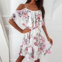 Vestido corto con volantes y tirantes finos para mujer, minivestido de manga corta con hombros descubiertos para playa - details 2