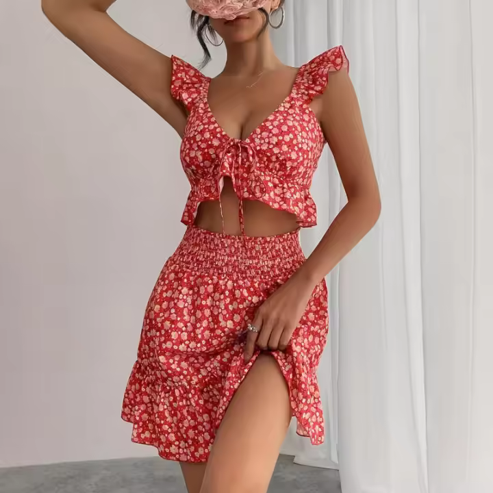 Vestido de tirantes elegante con estampado floral y falda a juego para mujer, novedad de verano - 1