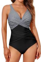 Bañador de una pieza con Control de barriga para mujer, traje de baño modesto con cuello en V - details 8