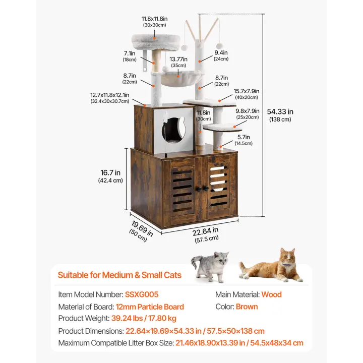 SucceBuy Árbol para gatos grande con caja para arena, 54.33 pulgadas de alto, condominio 2 en 1 de varios niveles con postes rascadores de sisal, perchas y hamaca para gatos de interior - 1