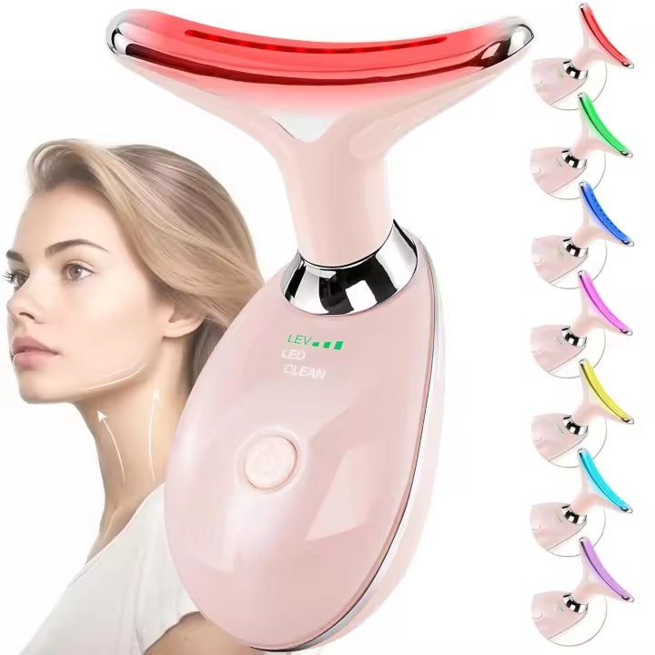 Masajeador facial para cara y cuello, terapia de luz roja para cara y cuello, varita para culptar la cara con 7 colores, herramienta facial en casa para el cuidado de la piel (rosa) - 1
