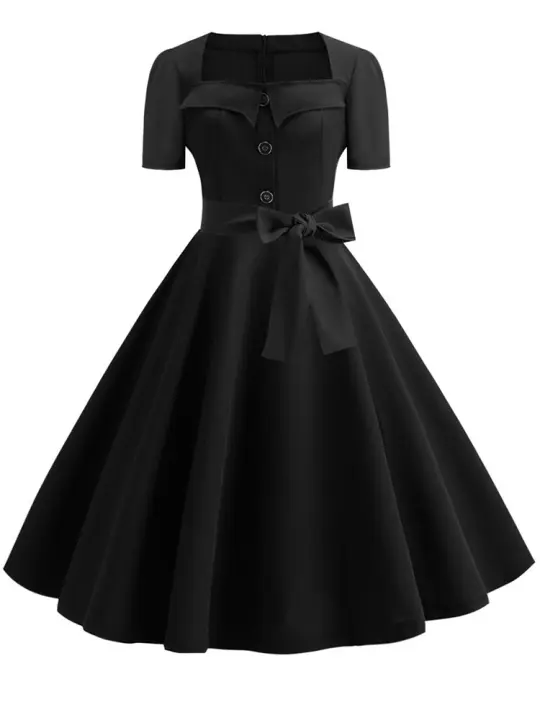 Women vintage summer 50s 60s retro swing elegant solid office party dress - 1