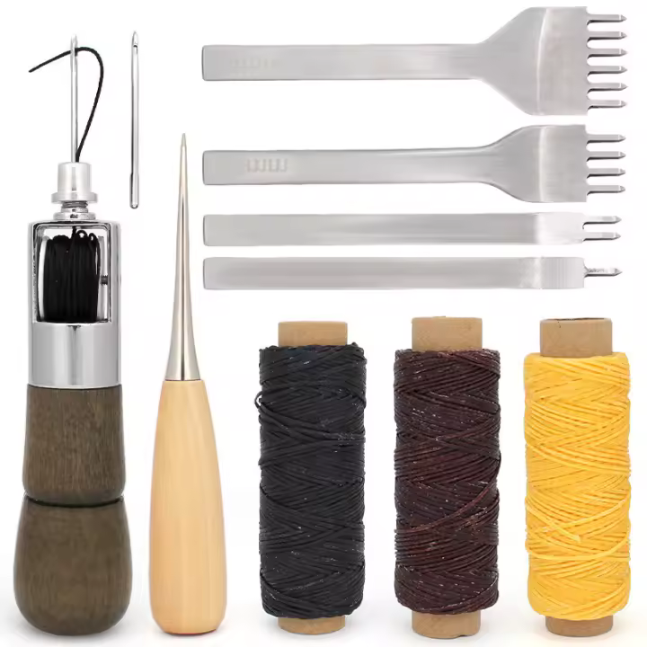 Juego de Herramientas de cuero, Kit de punzón de costura a mano e hilo encerado, punzón de acero, Kit de corte de punzonado de hierro para trabajo de artesanía de cuero Amateur - 1