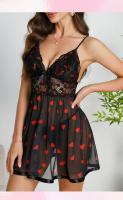 Camisón de encaje transparente negro con estampado de corazones Camisón con tirantes de malla en V profundo Ropa de dormir sexy - details 7