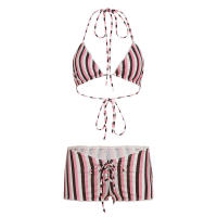 Conjunto de dos piezas de bikini a rayas sexy estilo vacacional americano Lianlianbuwang, top halter y shorts para chica atractiva - details 30
