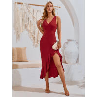 Vestido de Seda de Color Sólido 2025 Verano Cuello en V Sin Mangas con Volante - details 3