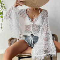 Vestido playero de ganchillo para mujer: envoltura holgada de bikini de manga larga con lazo de borlas, mangas acampanadas y protección solar - details 9