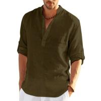 Camisa Larga De Manga Para Hombre Estilo Casual Color Sólido Cuello En V Talla Grande Algodón Hombres Ropa De Otoño - details 13