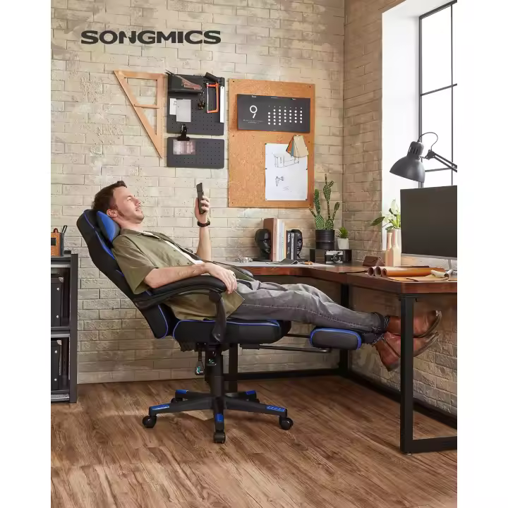 Silla de Juegos Ergonómica Teleescópica, Respaldo Ajustable, Soporte de Cabeza y Lumbar, Carga de 150kg, Negro y Gris - 1