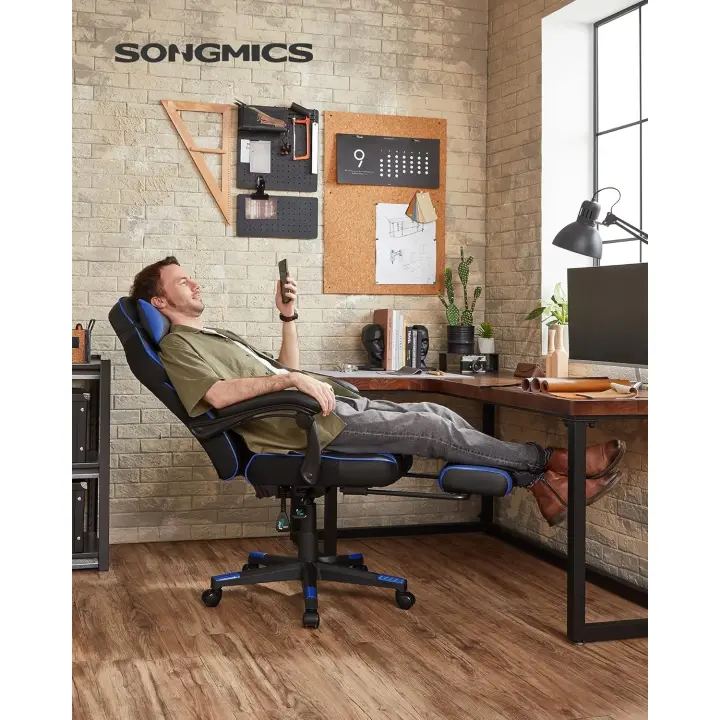 Silla de Juegos Ergonómica Teleescópica, Respaldo Ajustable, Soporte de Cabeza y Lumbar, Carga de 150kg, Negro y Gris - 1