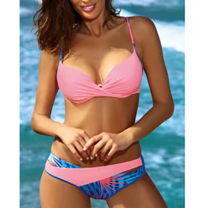 Conjunto de Bikini Push-up Traje de Baño Sexy para Mujeres con Cuello Halter Estampado de Hoja 2025 - 1