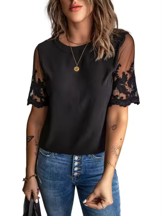 Elrachen Top de retales con mangas de encaje floral para mujer, negro, tallas S-2XL - 1