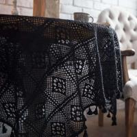 Mantel de crochet beige decorativo hueco, cubierta rectangular para mesa de comedor con borlas, decoración estética para salones de bodas - details 5