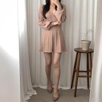 Falda corta de punto para mujer, ropa elegante de manga larga con cuello puntiagudo, usada, negra, invierno - details 20