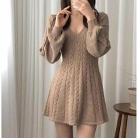 Falda corta de punto para mujer, ropa elegante de manga larga con cuello puntiagudo, usada, negra, invierno - details 21