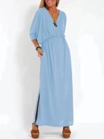 Vestido de verano nuevo de moda de color sólido con cintura alta y cuello en V dividido. - details 10