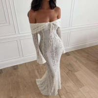 BUNO-Oligai elegante vestido ajustado con hombros descubiertos 2025 nuevo en blanco vestido largo de encaje con mangas acampanadas vestido de invitados de boda para mujer - details 5