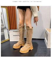 Botas de mezclilla hasta la rodilla para mujer con tacones puntiagudos y gruesos y bordado clásico para mayor resistencia al deslizamiento. - details 4