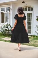 Vestido de manga corta fruncido con cuello cuadrado y espalda descubierta a la moda para mujer - details 15