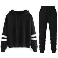 Chándal deportivo informal para mujer con capucha y sudadera negra a rayas y cómodos pantalones de cintura alta talla S-3XL - details 2