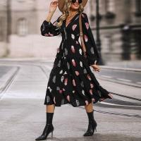 Vestidos de manga larga con estampado de plumas, cuello en V, moda primavera y otoño, nuevo vestido dividido de corte A para mujer - details 2