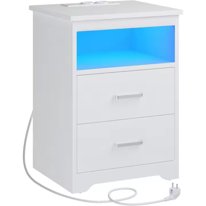 2 Piezas con Iluminación LED, Mesilla Noche con Estación Carga, Puertos USB, 2 Cajones, Mesa Sofá, para Dormitorio, Salón (Negro) - 1