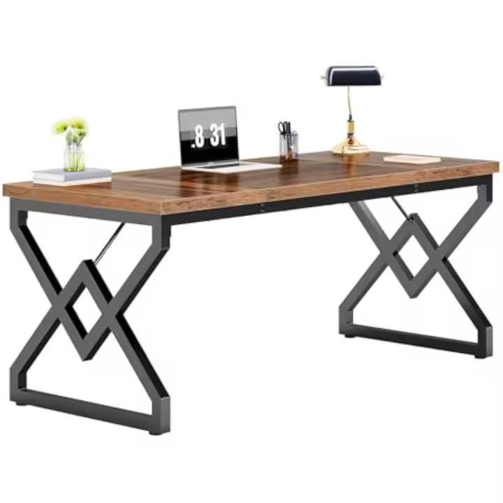 Computadora de oficina con mesa de madera extra gruesa y marco de metal, escritorio. - 1