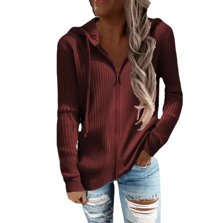 Chaqueta de manga larga con capucha para mujer, suéter informal, liso, ropa de mujer de moda holgada, con cremallera - 1