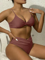 Bikini de cintura alta para mujer, traje de baño liso con tirantes, Tanga Sexy, ropa de playa, verano, 2024 - details 14