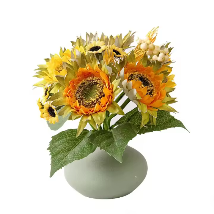 Ramo de flores de girasol Artificial para decoración del hogar, accesorios para fotos, arreglo Floral, hierba, hojas, flor de Margarita de seda - 1