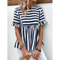 Nuevo Vestido camisero de verano para mujer, cuello redondo, manga con volantes, holgado, cómodo, a rayas - details 0
