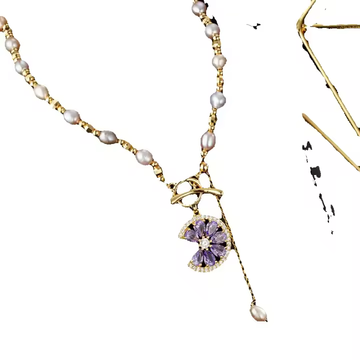 Color púrpura chara hadas collar de perlas de agua dulce para mujeres oro real chapado micro incrustado con circonitas púrpura colgante gargantilla - 1