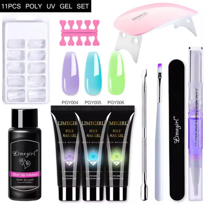 Kit de Uñas poligel 15mlx3 Tipsx100, Solución antideslizante, Lampara Led - 1