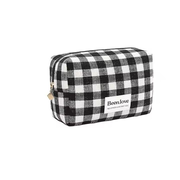 Bolsa con cierre para cosméticos a cuadros de celosía Simple, neceser de viaje de gran capacidad, bolsa de maquillaje impermeable de poliéster para mujeres/hombres - 1