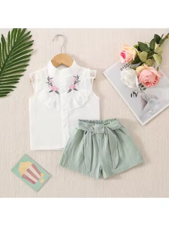 Nuevo Conjunto de Verano Pantalones Cortos Informales Sueltos para Niñas con Encaje de Flores de Cinturón Bordado - 1