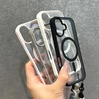 Funda de lujo con cordón transparente para teléfono Magsafe para iPhone 16 15 14 13 12 11 Pro Max, funda trasera con correa para muñeca y armadura a prueba de golpes - details 0