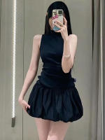 Vestido Mini Dulzura Ribbed Sin Mangas Patchwork Bollo Sólido Espalda Descubierta Cálido Club Streetwear Para Mujer - details 34