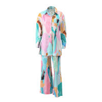 Conjunto de camisa y pantalones con estampado informal para mujer, Top holgado con cuello vuelto y botella única - details 4