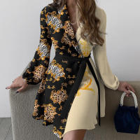 Vestido de manga larga con temperamento para mujer, nuevo estilo 2025, con cuello de viajero y corbata, color bloqueado de una pieza - details 3