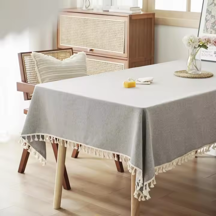 Manteles grises con borlas de algodón, mantel de granja, mantel rectangular para cocina, comedor, pieza - 1