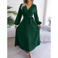 Vestido largo plisado con dobladillo grande para mujer, vestido cruzado de Color liso con cuello en V, moda de primavera y verano - details 12