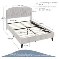 Marco de cama con cabecera tapizada, altura ajustable, soporte de láminas de madera y patas metálicas, color gris oscuro. - details 10