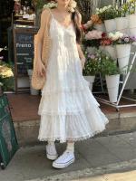 Lindo vestido de tirantes francés blanco de aspecto juvenil falda larga de pastel suelta pequeña para vacaciones de verano para mujer - details 5