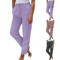 Pantalones holgados de nueve puntos de pierna ancha de algodón y lino de Color sólido con cintura elástica de verano para mujer - details 1