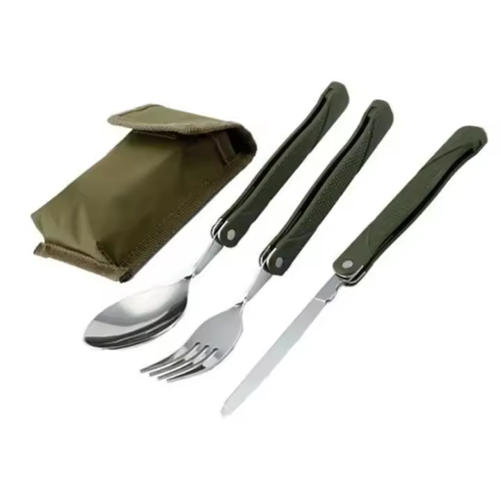 Juego de cubiertos plegables, bolsa verde militar, cuchillo tenedor, bolsa de supervivencia para acampar, cubiertos para exteriores, villa portátil de acero inoxidable - 1
