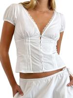 Camisa informal de verano de Color sólido para mujer, manga corta, cuello en V profundo, cinta Ence, Tops cortos dulces de fiesta con botones - details 6